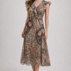Vintage Rare Chic Floral Midi Dress with Ruffle Details